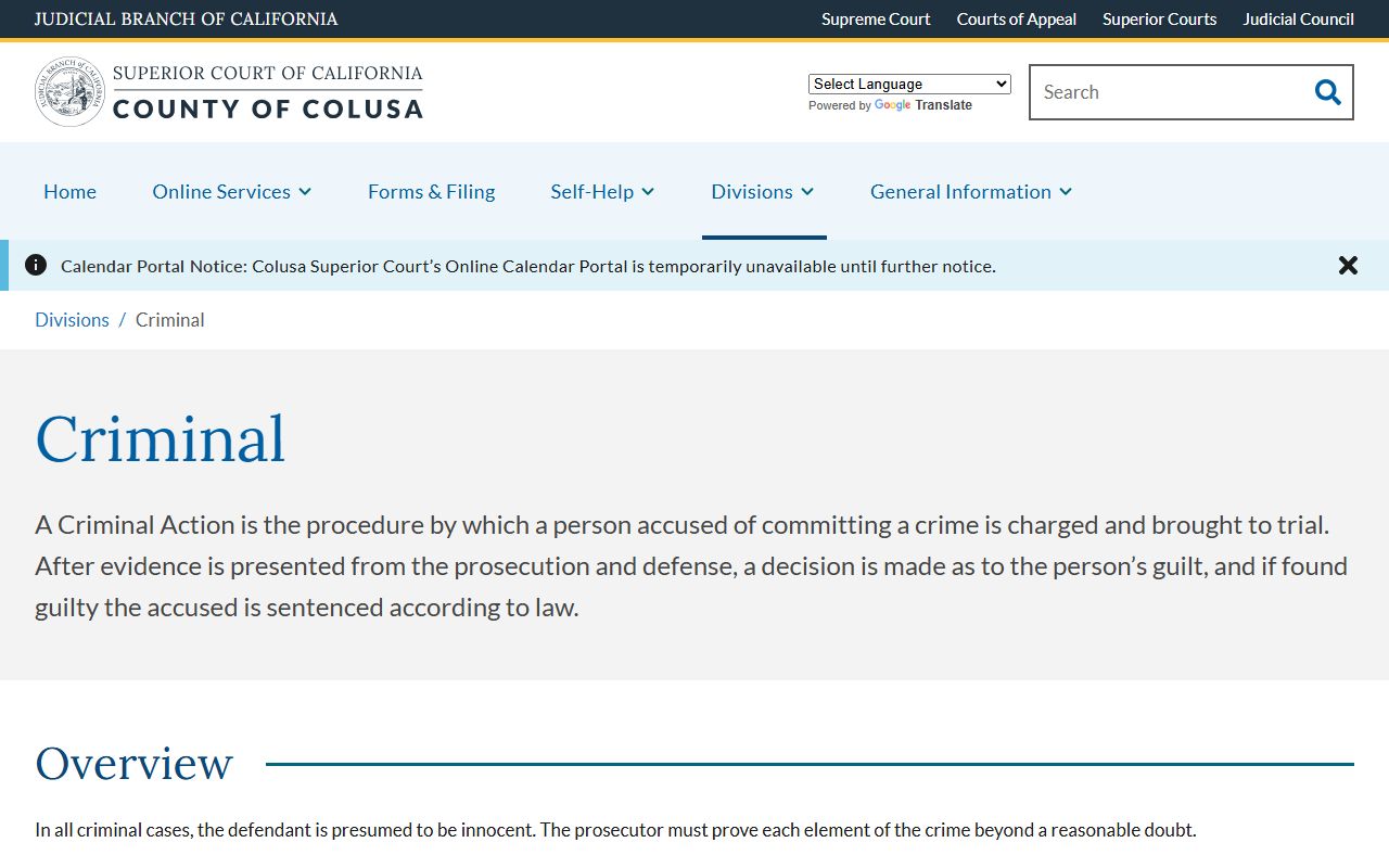 Colusa County Superior Court criminal records after jail arrest page