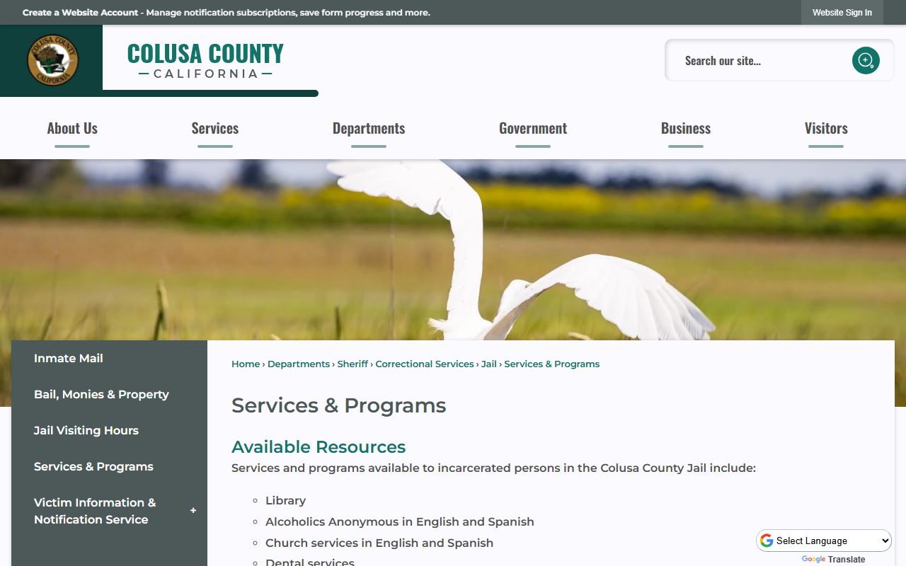 Colusa County Jail inmate programs and services information
