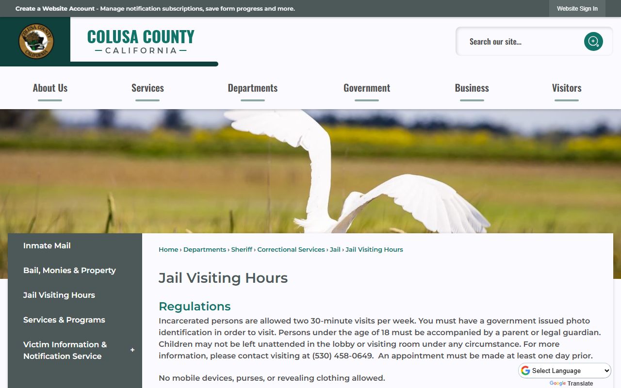 Colusa County Jail visitation schedule for inmate visits