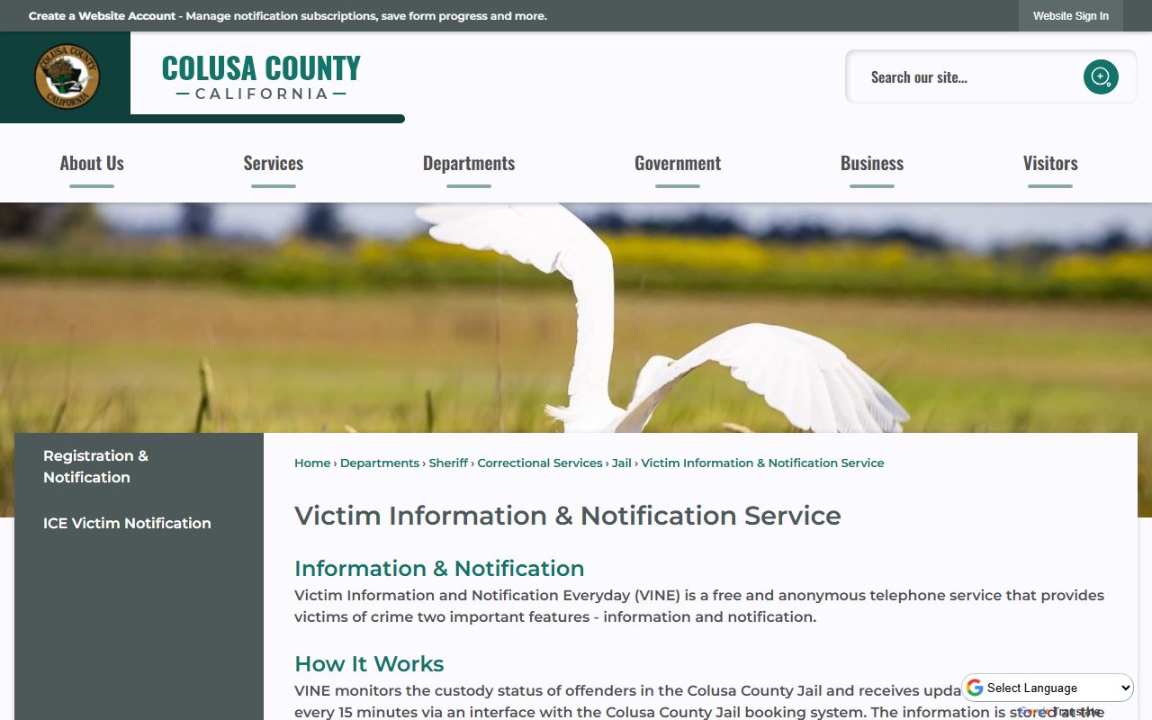 Colusa County VINE inmate custody status page